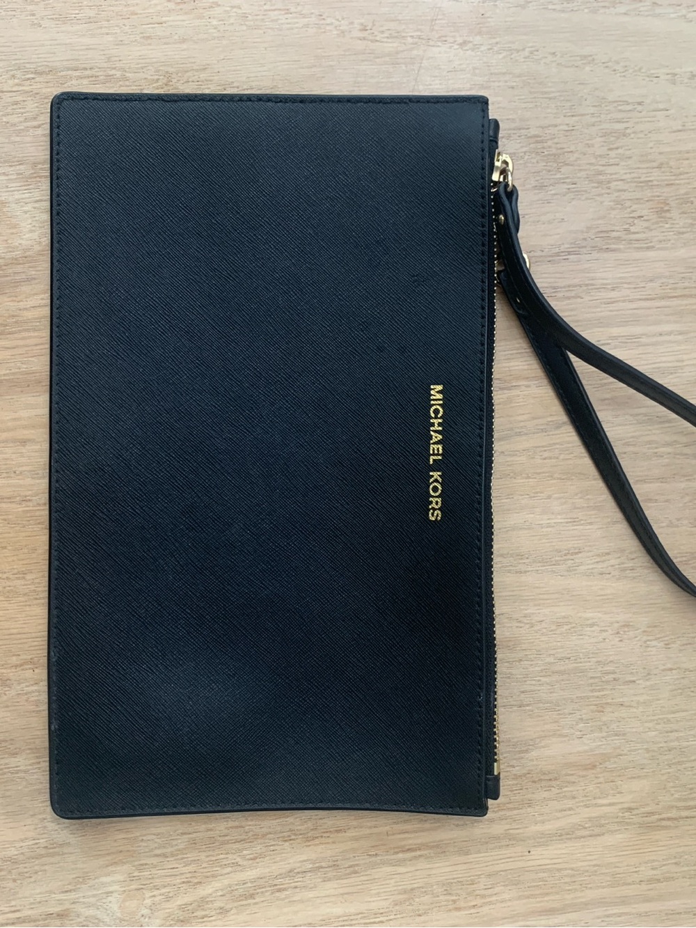 Michael Kors Black Leather Wristlet Pouch with Gold Logo